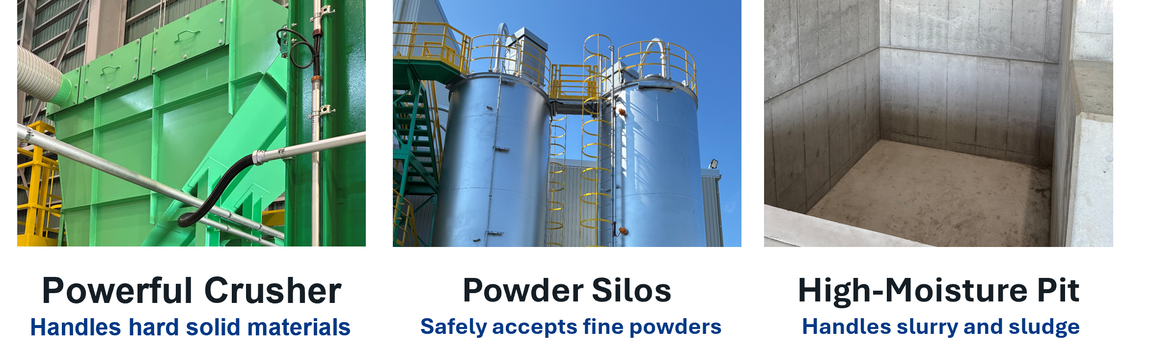 New equipment including a heavy-duty shredder, powder silo, and pit for high-moisture materials